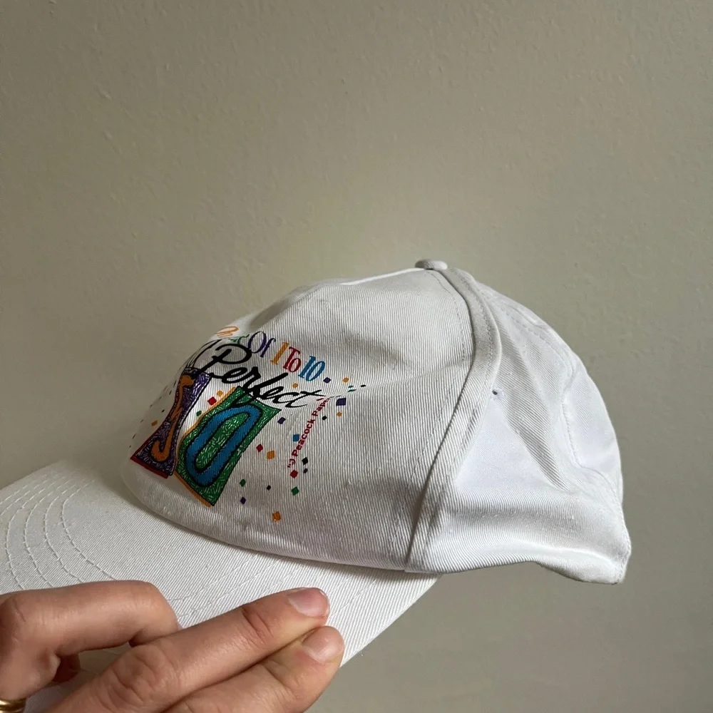 Vintage White Graphic Cap “I’m a perfect 50” birthday hat